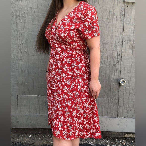 Red Flower Wrap Dress - Picture 2 of 3